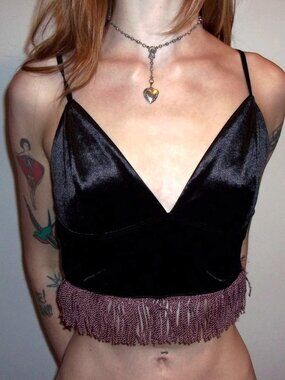 Black Velvet Mauve Fringe Crop Top Camisole ☆